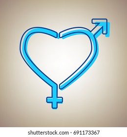 Gender signs in heart shape. Vector. Sky blue icon with blue contour on beige background.
