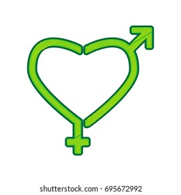 Gender signs in heart shape. Vector. Lemon scribble icon on white background. Isolated