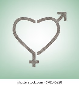 Gender signs in heart shape. Vector. Brown flax icon on green background with light spot at the center.