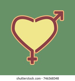 Gender signs in heart shape. Vector. Cordovan icon and mellow apricot halo with light khaki filled space at russian green background.