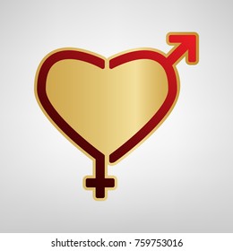 Gender signs in heart shape. Vector. Red icon on gold sticker at light gray background.