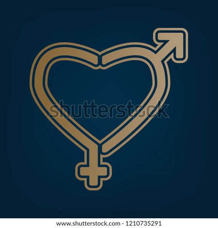 Gender signs in heart shape. Vector. Golden icon and border at dark cyan background.