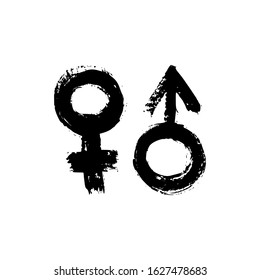 Gender signs of ink brushstrokes. Vector grunge symbol of Venus and Mars. Dirty textures of male and female icons. Hand draw icons isolated on white background