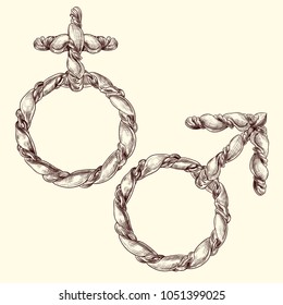 
Gender signs of man and woman in the form of jewelry. Hand drawn vector sketch in vintage style.Imitation of engraving.