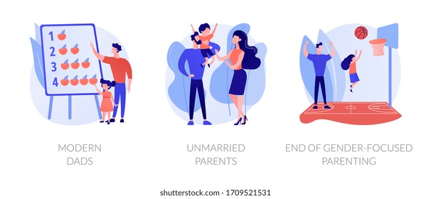 Gender And Social Equality Parenthood Metaphors. Modern Dads, Unmarried Parents, End Of Gender-focused Parenting. Fatherhood And Motherhood Abstract Concept Vector Illustration Set.