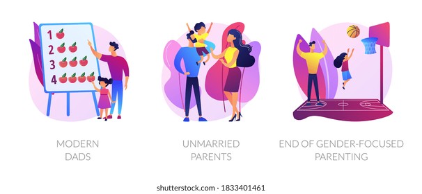 Gender and social equality parenthood metaphors. Modern dads, unmarried parents, end of gender-focused parenting. Fatherhood and motherhood abstract concept vector illustration set.