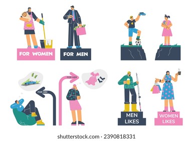 Gender and social role stereotypes banners challenge society norms and promote inclusivity, flat vector illustrations set. Challenging gender and social role stereotypes.