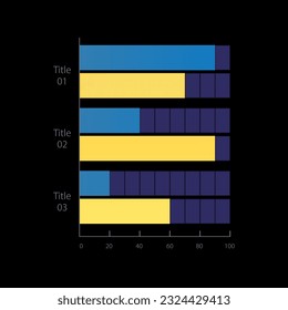 Plantilla de diseño de gráfico gráfico gráfico de estadísticas de género para tema oscuro. Diferencias entre hombres y mujeres. Gráfico de infografía editable con gráficos de barras horizontales. Presentación de datos visuales. Se usa una infinidad de tipos de letra Pro-Regular