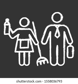 Gender stereotypes chalk icon. Female and male domestic, work life. Woman, man rights. Social inequality. Shared family responsibilities. Houswife, worker. Isolated vector chalkboard illustration