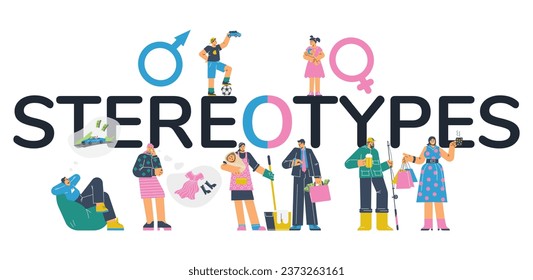 Gender stereotypes concept with female and male gender symbols. Men and women have different social roles, purposes, hobbies, dreams. Vector illustration cartoon characters with lettering