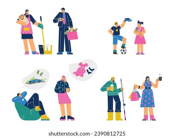 Gender stereotypes concept. Men and women have different social roles, purposes, hobbies, dreams. Housewife with baby, businessman with money. Cartoon characters vector illustrations set
