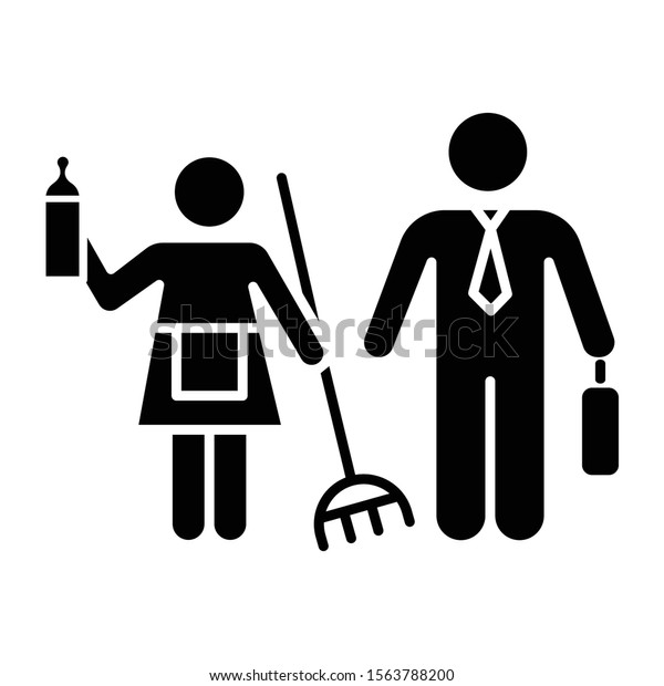 Gender stereotypes glyph icon. Female and\
male domestic life. Woman, man human rights. Shared family\
responsibilities. Houswife, worker. Silhouette symbol. Negative\
space. Vector isolated\
illustration