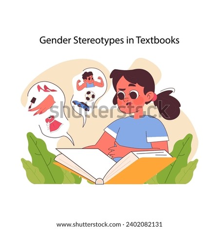 Gender stereotypes in textbooks concept. A thoughtful girl reading a book confronts ingrained notions of gender roles, reflecting societal norms and biases. Flat vector illustration