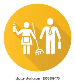 Gender stereotypes yellow flat design long shadow glyph icon. Female and male domestic, work life. Woman, man human rights. Shared responsibilities. Houswife, worker. Vector silhouette illustration