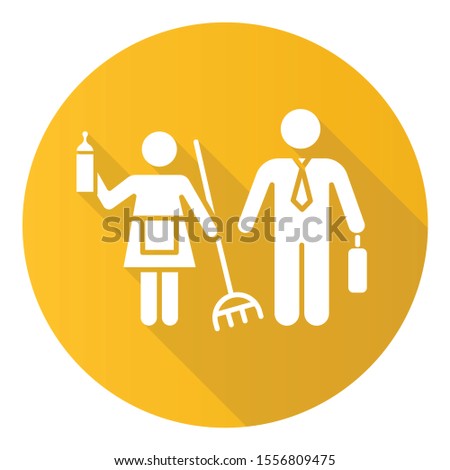 Gender stereotypes yellow flat design long shadow glyph icon. Female and male domestic, work life. Woman, man human rights. Shared responsibilities. Houswife, worker. Vector silhouette illustration