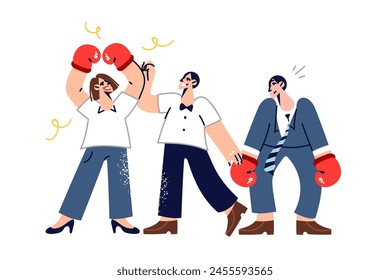 Gender struggle between man and woman in boxing gloves or fought for right to work in lucrative position. Metaphor of victory of feminism and matriarchy in corporate gender confrontation