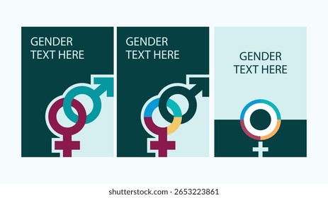 Gender symbol editorial card set vector illustration. Modern design with male and female symbols, perfect for social awareness, diversity, inclusion, editorial, posters, infographics.