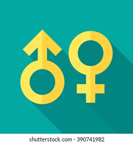 Gender symbol icon with long shadow. Flat design style. Standard sex symbol silhouette. Simple yellow icon. Modern, minimalist icon in stylish colors. Web site page and mobile app design element.