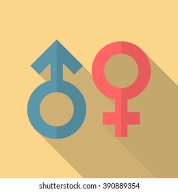 Gender symbol icon with long shadow. Flat design style. Standard sex symbol silhouette. Simple emblem. Modern, minimalist icon in stylish colors. Web site page and mobile app design element.