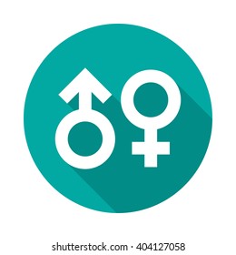 Gender symbol icon with long shadow. Flat design style. Round icon. Standard sex symbol silhouette. Simple circle icon. Modern flat icon in stylish colors. Web site page and mobile app design element.