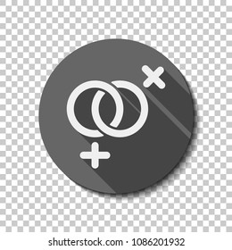 gender symbol. linear symbol. simple lesbian icon. White flat icon with long shadow in circle on transparent background. Badge or sticker style