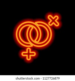 gender symbol. linear symbol. simple lesbian icon. Orange neon style on black background. Light icon