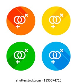gender symbol. linear symbol. simple lesbian icon. Flat white icon on colored circles background. Four different long shadows in each corners