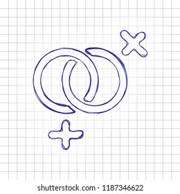 gender symbol. linear symbol. simple lesbian icon. Hand drawn picture on paper sheet. Blue ink, outline sketch style. Doodle on checkered background