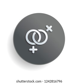 gender symbol. linear symbol. simple lesbian icon. White paper symbol on gray round button or badge with shadow