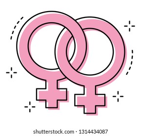 Gender symbol. linear symbol. Simple lesbian icon. Isolated icon consisting of black thin contour and pink moved filling on different layers. White background