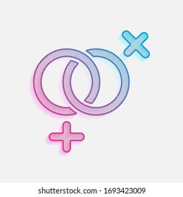 símbolo de género. símbolo lineal. simple icono lésbico. Logo coloreado con líneas diagonales y degradado azul-rojo. Gráfico neón, efecto ligero
