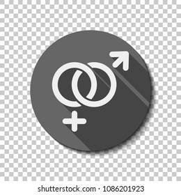 gender symbol. linear symbol. simple men and women icon. White flat icon with long shadow in circle on transparent background. Badge or sticker style