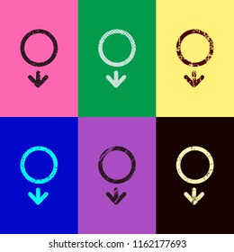 gender symbol. linear symbol. simple men icon. Pop art style. Scratched icons on 6 colour backgrounds.