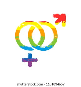 gender symbol. linear symbol. simple men and women icon. Drawing sign with LGBT style, seven colors of rainbow (red, orange, yellow, green, blue, indigo, violet