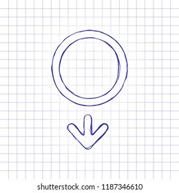 gender symbol. linear symbol. simple men icon. Hand drawn picture on paper sheet. Blue ink, outline sketch style. Doodle on checkered background