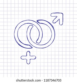gender symbol. linear symbol. simple men and women icon. Hand drawn picture on paper sheet. Blue ink, outline sketch style. Doodle on checkered background