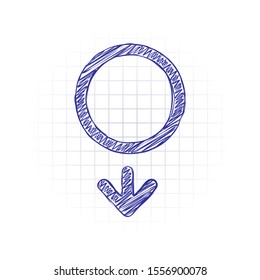 gender symbol. linear symbol. simple men icon. Hand drawn sketched picture with scribble fill. Blue ink. Doodle on white background
