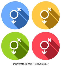 gender symbol. linear symbol. simple transgender icon. Set of white icons with long shadow on blue, orange, green and red colored circles. Sticker style