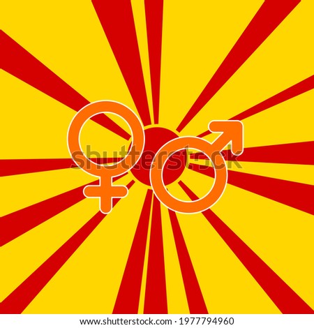 Gender symbol on a background of red flash explosion radial lines. The large orange symbol is located in the center of the sun, symbolizing the sunrise. Vector illustration on yellow background