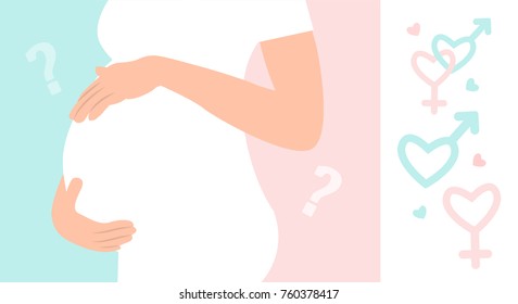 Gender symbol pink and blue icon. Boy or girl. Pregnant woman in white dress touching her big belly.Vector simple illustration can be used for baby shower ( gender reveal party) invitation card.