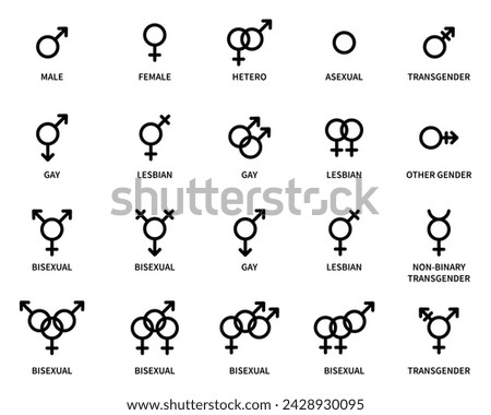 Gender symbol set vector gender icons collection in black color with names on white background. Gender and sexual orientation identity vector illustration symbol sign - Vector Icon