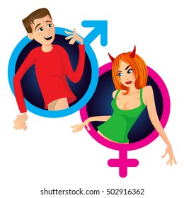 Gender symbols with cartoon characters. Vector illustration.