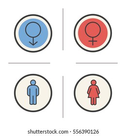 Gender Symbols. Color Icons Set. Man And Woman WC Toilet Door Signs. Isolated Vector Illustrations