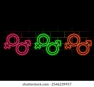 Gender symbols. Couple man and woman. Neon sign of heterosexuality. Eps10 vector illustration with place for your text..