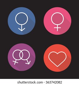 Gender symbols flat linear long shadow icons set. Heart, male, female and sex symbols. Outline logo concepts. Vector line art illustrations