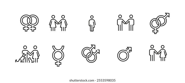 Gender symbols icons. Set of 10 trendy minimal gender-related icons. Example: Male Symbol, Female Symbol, Intersex, Gender Equality icons. Design signs for web page, infographics. Vector illustration