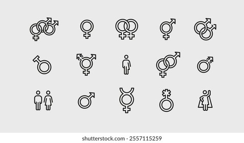 Gender symbols icons. Set of 15 trendy minimal gender-related icons. Example: Male Symbol, Female Symbol, Intersex, Gender Equality icons. Design signs for web page, infographics. Vector illustration