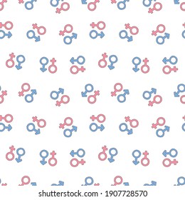 Gender symbols pattern. The seamless background of doodle male and female symbols on a white background. Vector 10 EPS