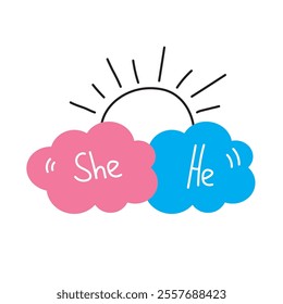 Gender symbols with rising sun, celebrating diverse identities with "she" and "he.