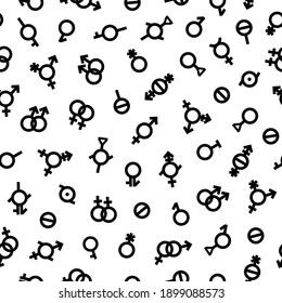 Gender symbols Seamless pattern. Sexual human identity illustration Bigender, agender, neutrois, asexual, lesbian, homosexual, bisexual orientation. LGBT pride Vector Black and white design background